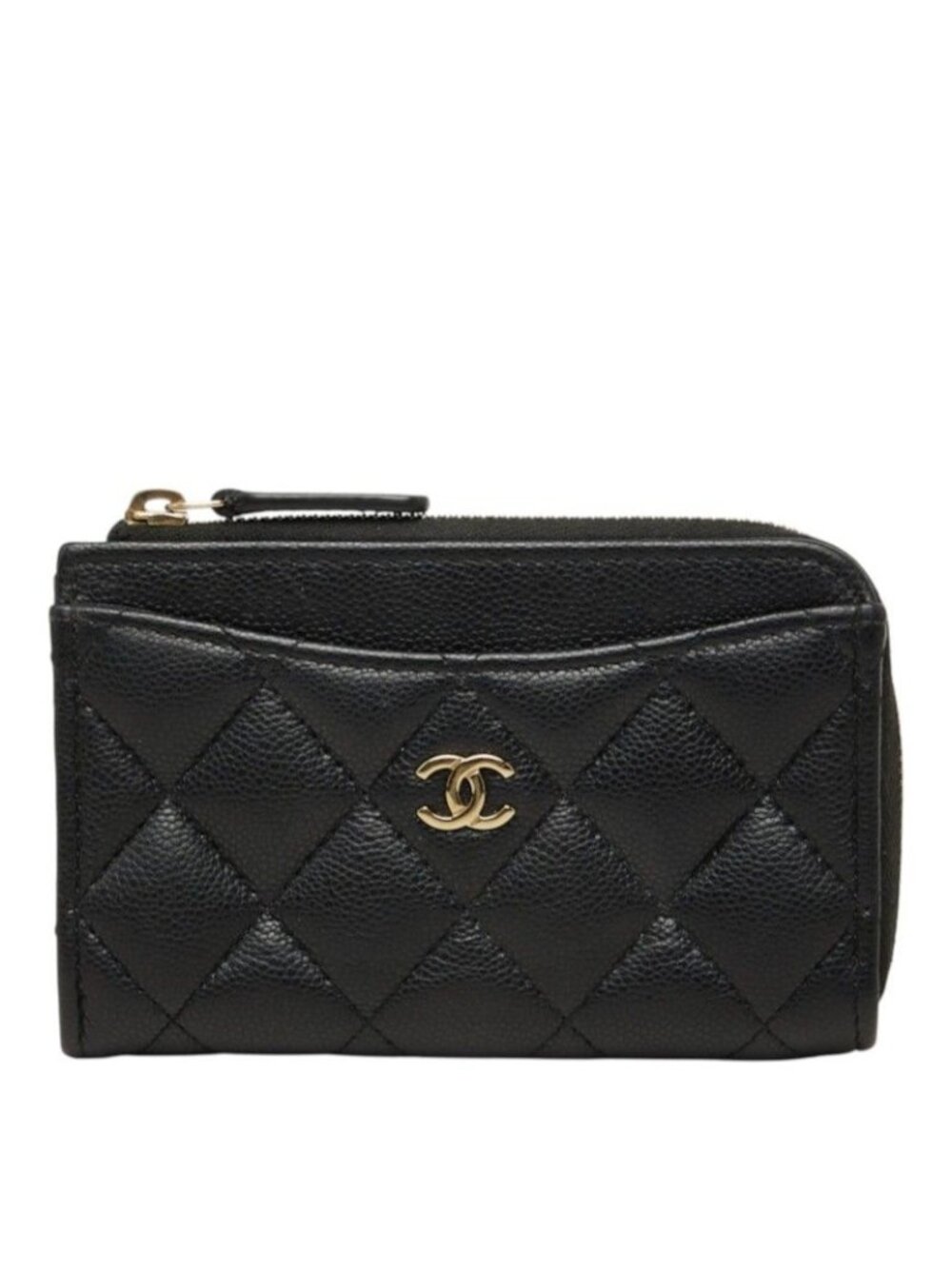 Chanel CC Logo Fragment Case Coin Purse Card Black Gold Caviar Leather